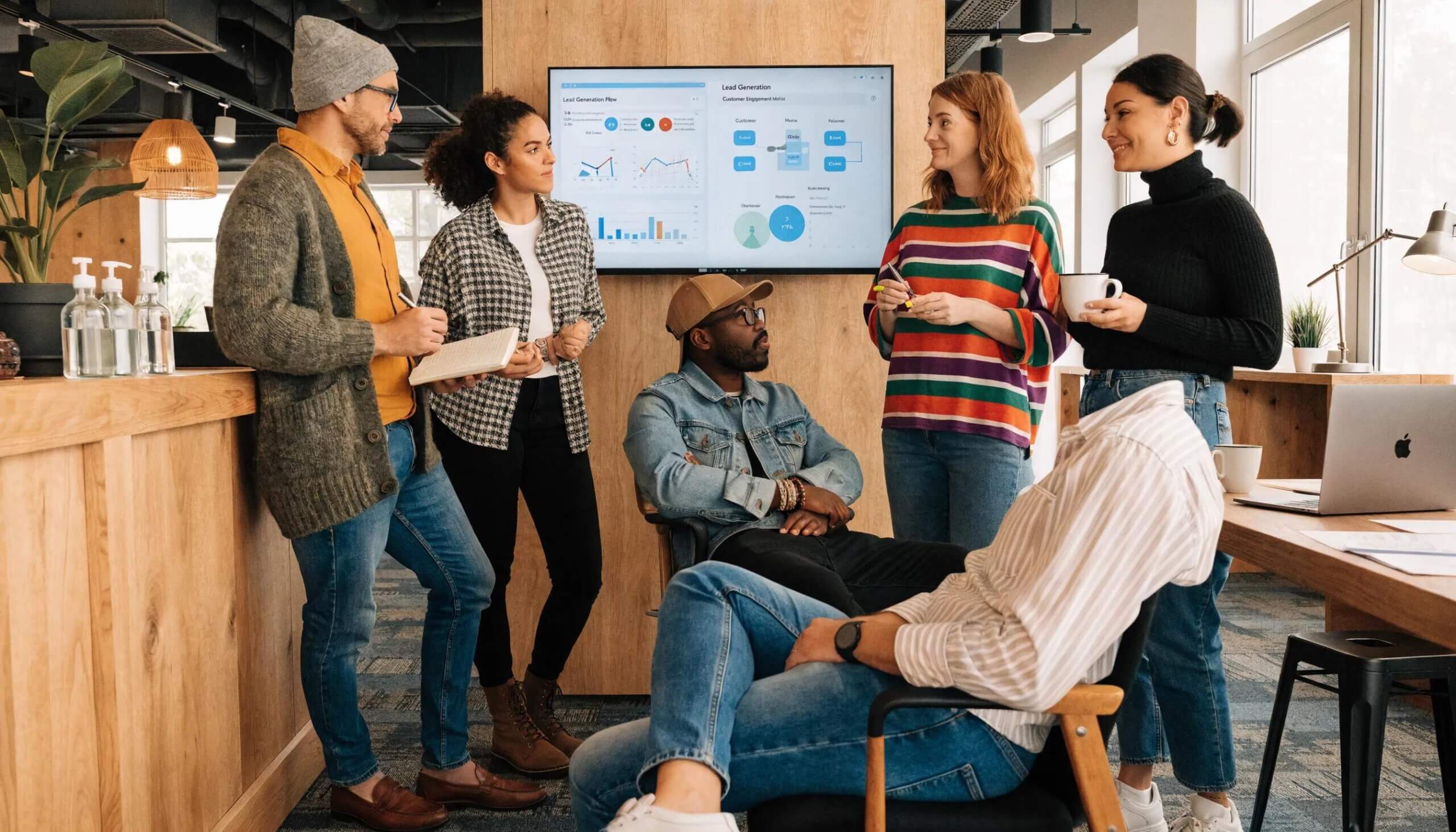 Marketing professionals analyzing data on lead generation and conversion metrics in a modern office setting.