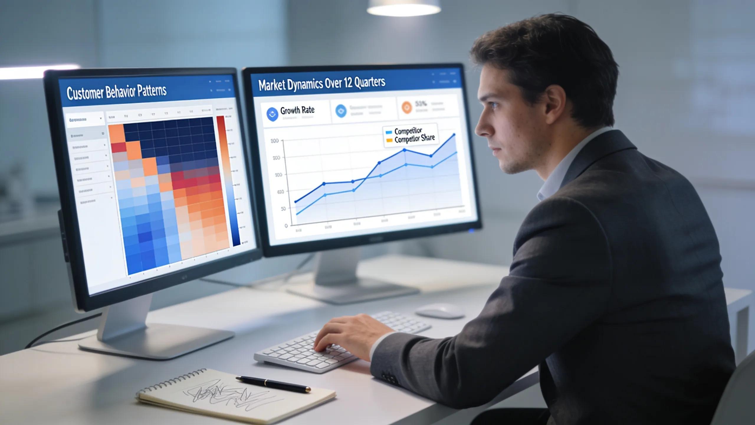 A marketing analyst reviewing predictive analytics data and customer behavior patterns in a tech-focused workspace.